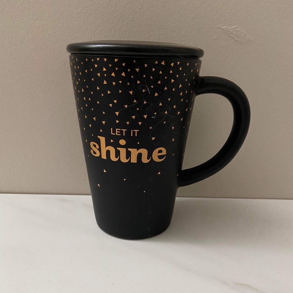 David's Tea Let It Shine Perfect Mug with lid Black Gold Cup 12oz